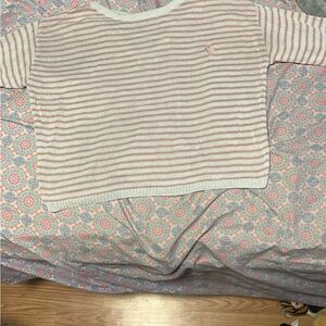 Pink and White Crew Neck Sweater with Stripes